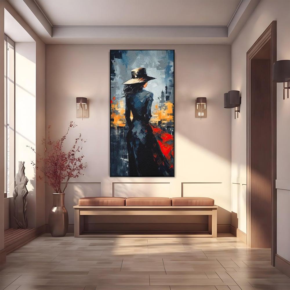 Tablou canvas cu tablou canvas cu femeie in palarie si oras, in rama de aluminiu negru